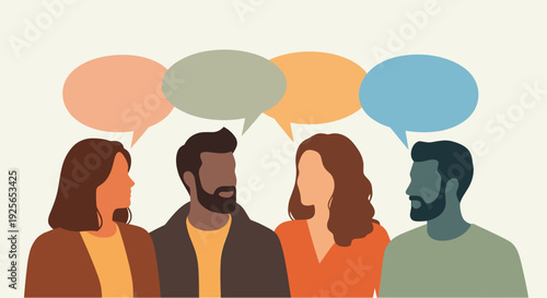 Four diverse individuals, two men and two women, are shown in profile with colorful speech bubbles above their heads against a light beige background.
