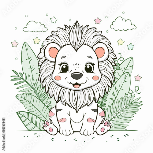 Cute Lion Cub Illustration Surrounded by Tropical Leaves for Children's Designs