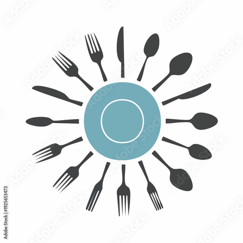 Cutlery arrangement around a central plate creates a sun-like composition perfect for menus