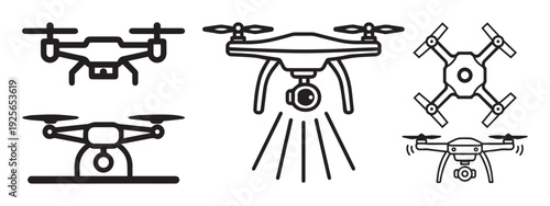 Comprehensive Set of Minimalist Quadcopter and UAV Line Art Icons Displaying Different Flight Angles, Landing Positions, and Surveillance Camera Operations.