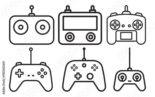 Minimalist Black and White Vector Outline Icons of Electronic Remote Controllers, Gaming Joysticks, and Radio Transmitters for Drones and Hobbyist Projects.