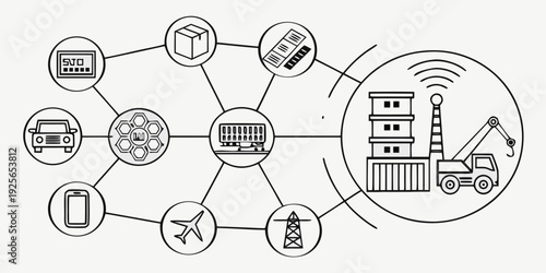 Smart Logistics and Supply Chain Network Line Art Illustration of Global Transportation, IoT Connectivity, and Digital Management for Efficient Cargo Flow