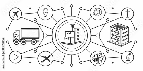 Smart logistics and supply chain management icons connecting different elements of transportation and technology