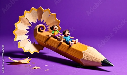 Two Happy Children Riding on a Giant Sharpened Pencil, Playful Education Concept, Purple Background
