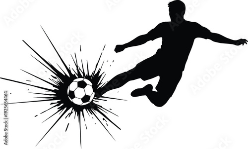 Energetic black silhouette of a male soccer player executing a mid-air bicycle kick with abstract grunge splash effects on a transparent background
