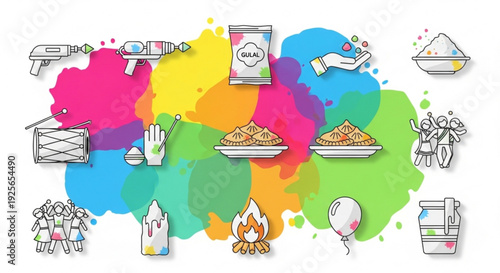Colorful illustration of holi festival celebration with vibrant powders and various cultural symbols