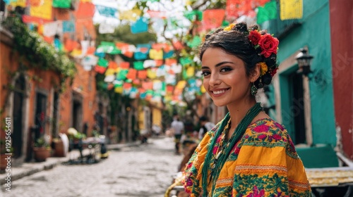 Beautiful Mexican woman wearing traditional yellow embroidered dress and floral headpiece standing in street decorated with colorful papel picado flags, capturing festive atmosphere of Mexican town
