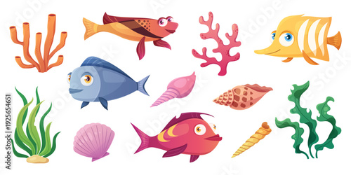 Seabed cartoon set with colorful fish and coral, seaweed and shells from ocean floor. Cute underwater world with marine life, aquarium plants and cheerful sea creatures for children game design.