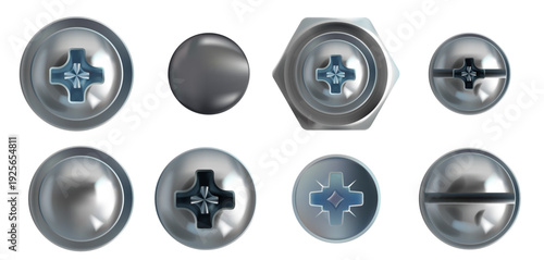 Metal screw set - realistic bolts with hexagon and circle heads and steel nuts. Rusty rivets, chrome nails and iron pins on white background. Industrial hardware collection for construction design.