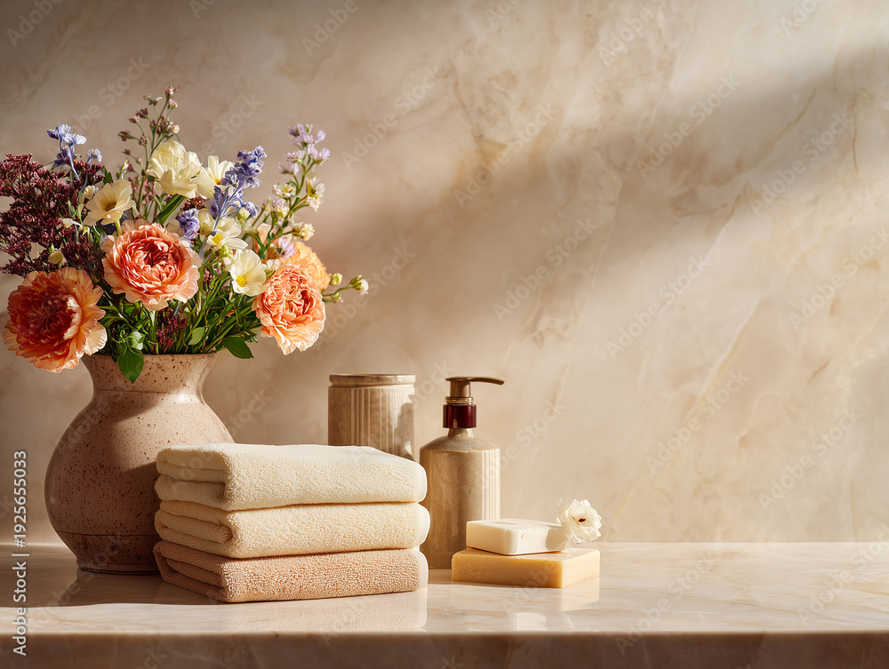 custom made wallpaper toronto digitalSpa products with flowers and towels on marble counter with natural light and copy space