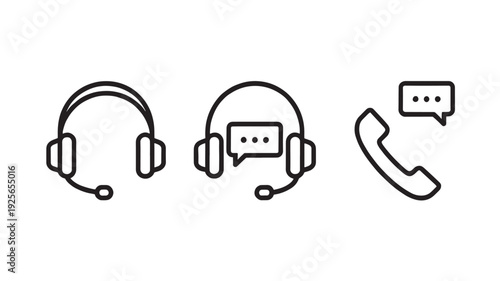Minimalist black and white customer support icon set featuring headsets with microphones and a telephone handset with a speech bubble for communication services.