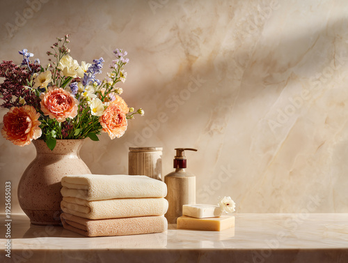 Wallpaper Mural Spa products with flowers and towels on marble counter with natural light and copy space Torontodigital.ca