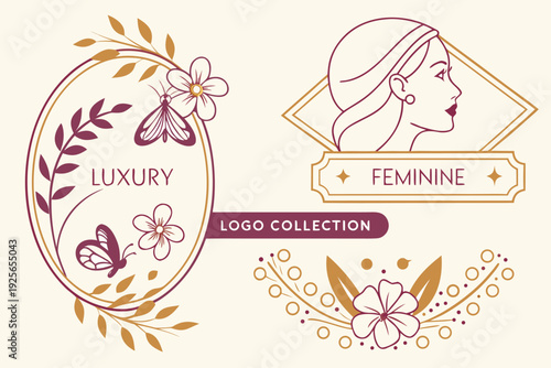 Luxury feminine logo collection with woman portrait, butterfly and floral elements