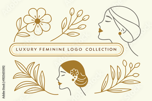 Luxury feminine logo collection with woman portrait, butterfly and floral elements