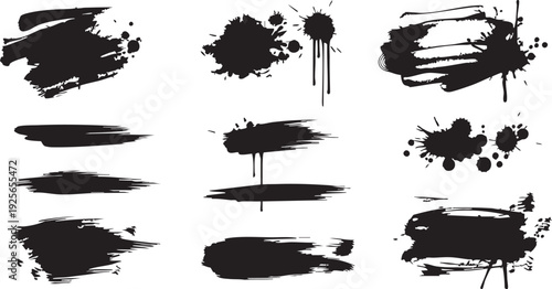 Abstract black ink splatters and brush strokes on a white background