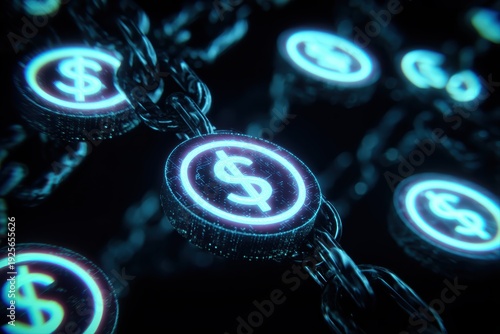 Stablecoin Tokens Tied to Dollar Emblems on Digital Ledger Surface