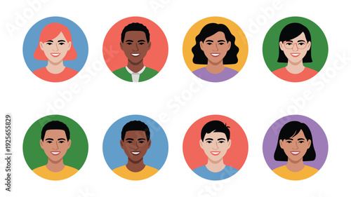 Set of varied cartoon profile pictures showing happy smiling people diverse genders and skin tones