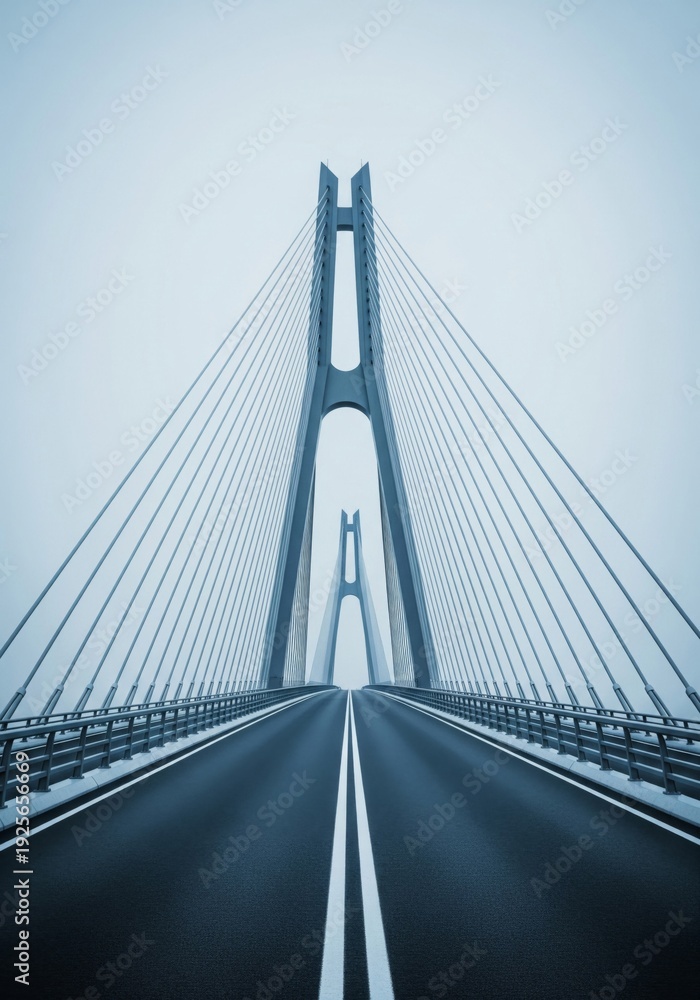 Fototapeta premium Modern Cable Stayed Bridge with Two Towers and Roadway in Overcast