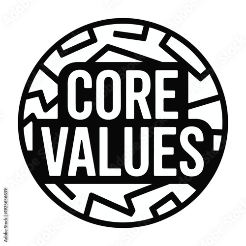 Bold monochromatic circular logo design features 'CORE VALUES' text on a textured.