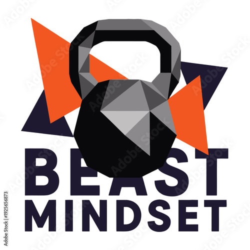 Geometric kettlebell illustration with abstract triangles and 'BEAST MINDSET'.
