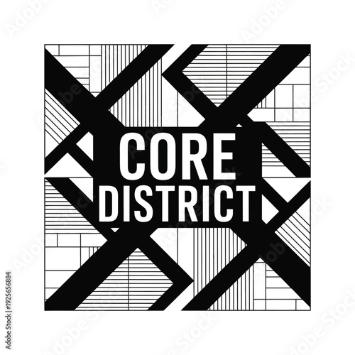 Modern black and white geometric graphic design featuring 'CORE DISTRICT'.