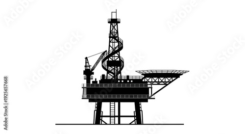 A stark black silhouette of an offshore oil rig stands prominently against a pure white background