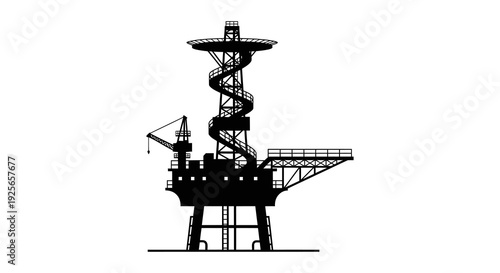 A black silhouette of an offshore oil rig with a spiral staircase and supporting structures