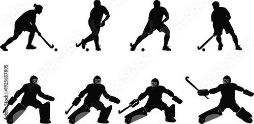 Black silhouette collection of hockey players including field hockey athletes with sticks and ice hockey goalies in defensive gear, vector.