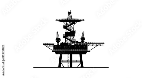 A stark black silhouette of an offshore oil rig structure against a plain white background