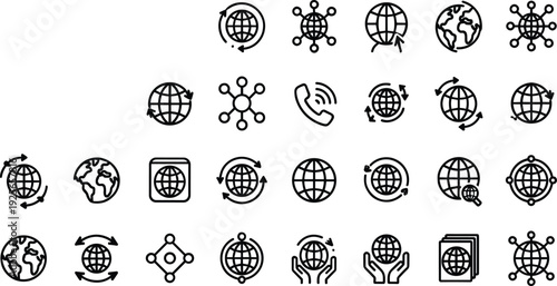 Black global communication internet connectivity icons set, globe arrows network nodes magnifying glass telephone document worldwide access sharing