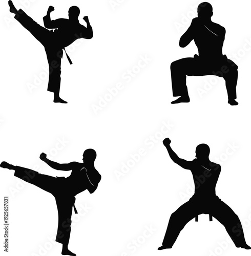 Black silhouette collection of martial arts athletes performing high kicks, defensive blocks, and karate stances isolated on a white background.