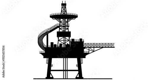 A minimalist black silhouette of an offshore oil drilling platform against a white background high quality