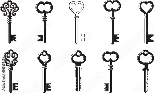 Collection of antique skeleton keys with various designs and shapes