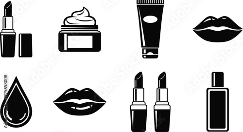 Black and white cosmetics icon set featuring lipstick, face cream, tubes, lips, and perfume bottles isolated on a white background.