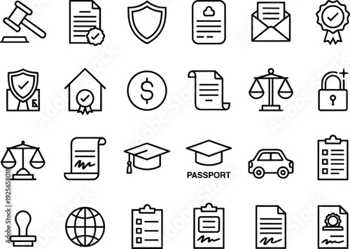 Black legal official administrative icons set, gavel scales justice shield document signature graduation cap passport stamp globe checklist