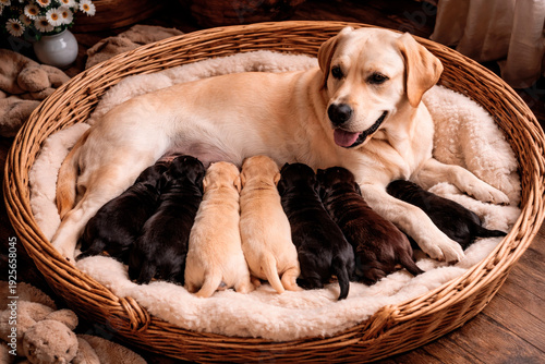 Mother Labrador Retriever nursing her puppies and Feeding her puppies Animal Mother's Day