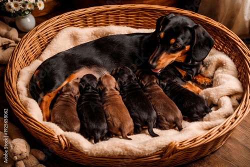 Mother Teckel nursing her puppies and Feeding her puppies Animal Mother's Day
