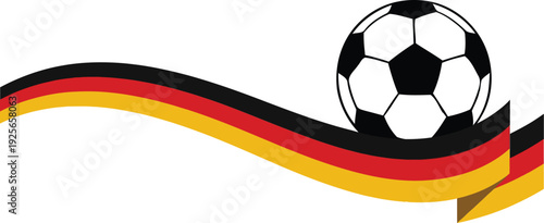 Classic soccer ball rolling on a dynamic wavy ribbon banner featuring the black, red, and gold colors of the Germany national flag on a transparent background
