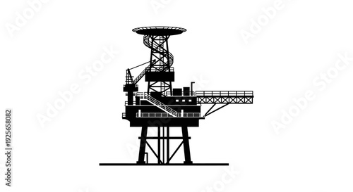 A stark black and white illustration depicts an offshore oil drilling platform emphasizing its industrial structure high quality