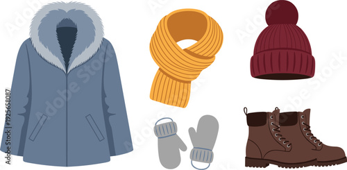 Winter Clothing Vector Illustration Set with Blue Fur Coat Yellow Scarf Maroon Beanie Hat Grey Mittens and Brown Leather Boots