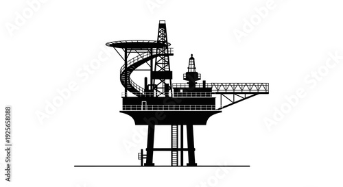 A minimalist black and white illustration of an offshore oil rig structure against a white background