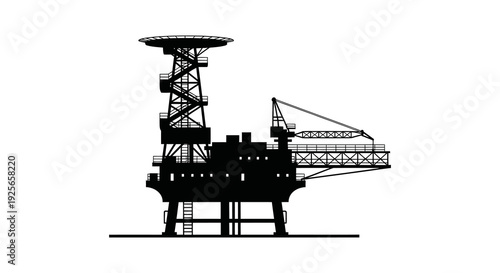 A stark black silhouette depicts an offshore oil and gas platform structure against a white background
