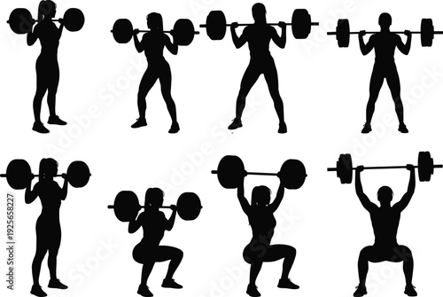Black silhouette collection of female athletes performing barbell squats, overhead presses, and weightlifting exercises isolated on a plain white background.