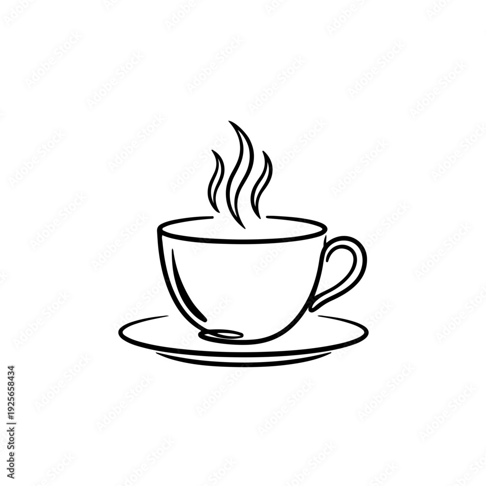 Obraz premium Clean line art illustration of a steaming hot coffee cup on a saucer, perfect for minimalist designs, cafe menus, drink-related graphics, or morning beverage concepts emphasizing warmth and comfort