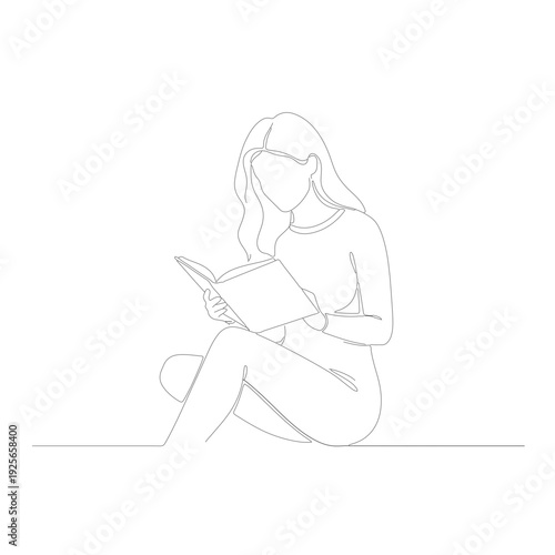 A minimalist line drawing of a young woman sitting cross-legged while engrossed in reading a book