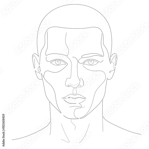 Elegant continuous line art portrait of a contemplative man, featuring minimalist facial contours and a modern graphic design aesthetic, representing artistic simplicity