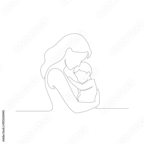 Elegant minimalist continuous line art illustrating a loving mother tenderly embracing her precious newborn baby, symbolizing the profound bond of family and maternal affection