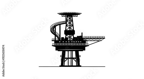A stark black silhouette depicts an offshore oil rig platform against a white background high quality