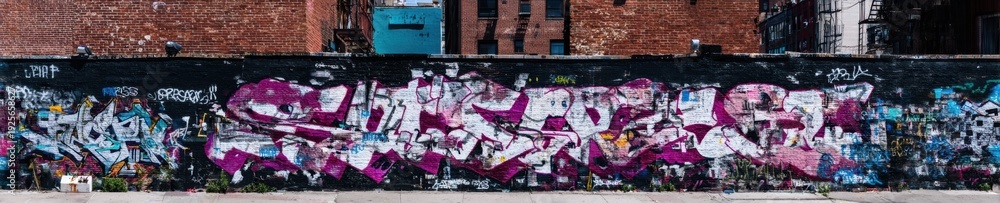 Fototapeta premium Music Collage Graffiti on Brick Wall Background with Magenta and Teal Accents for Modern Hip Hop Urban Street Culture Style and Commercial Design Content