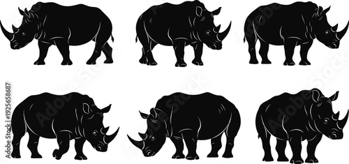 Set of black rhinoceros silhouettes in various standing and walking poses with detailed horns isolated on white background for wildlife nature design projects.